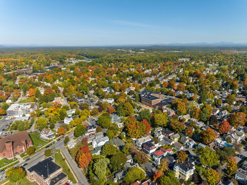 Aerial view of trees and houses in neighborhoods in Saratoga Springs, NY